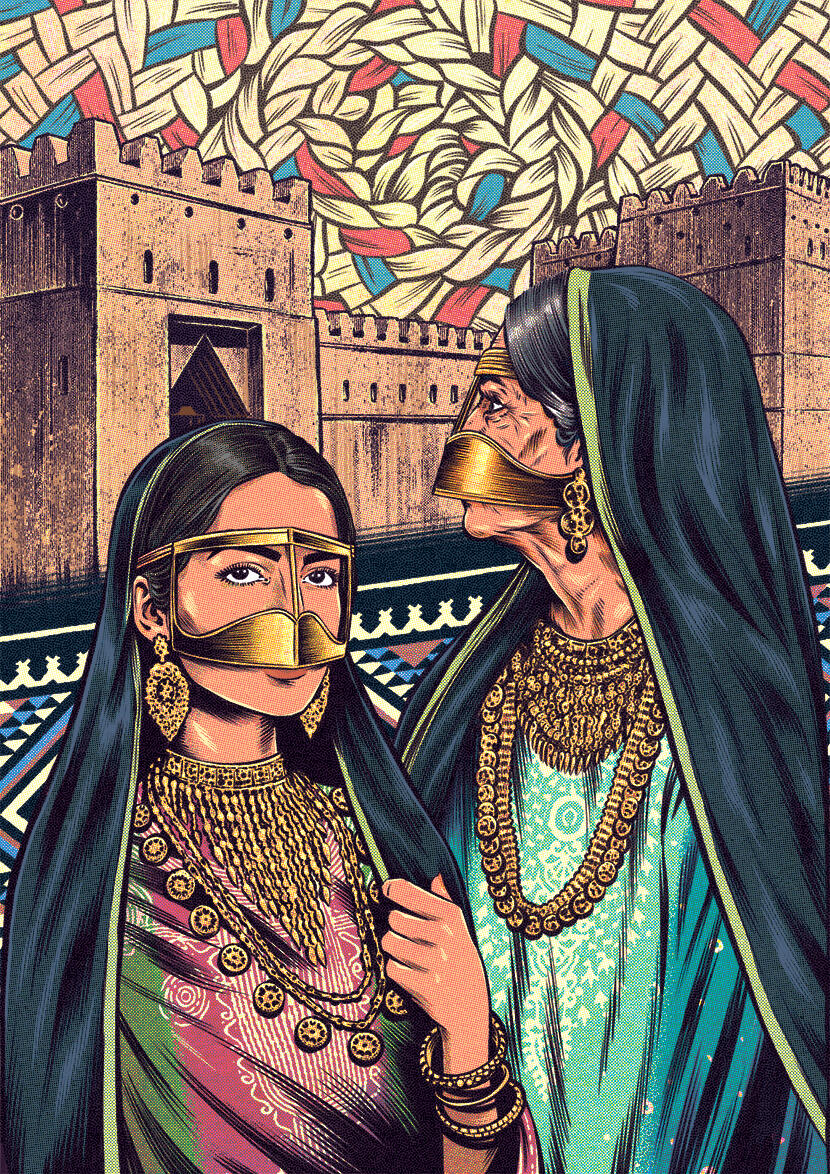 Illustration exploring the cultural heritage and tourist experiences of the United Arab Emirates.