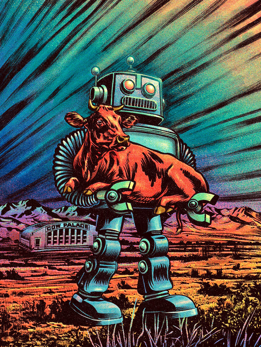 Poster illustration for Open Sauce 2024, a festival in California celebrating makers, engineers, and creative projects, featuring interactive exhibits and unique inventions.